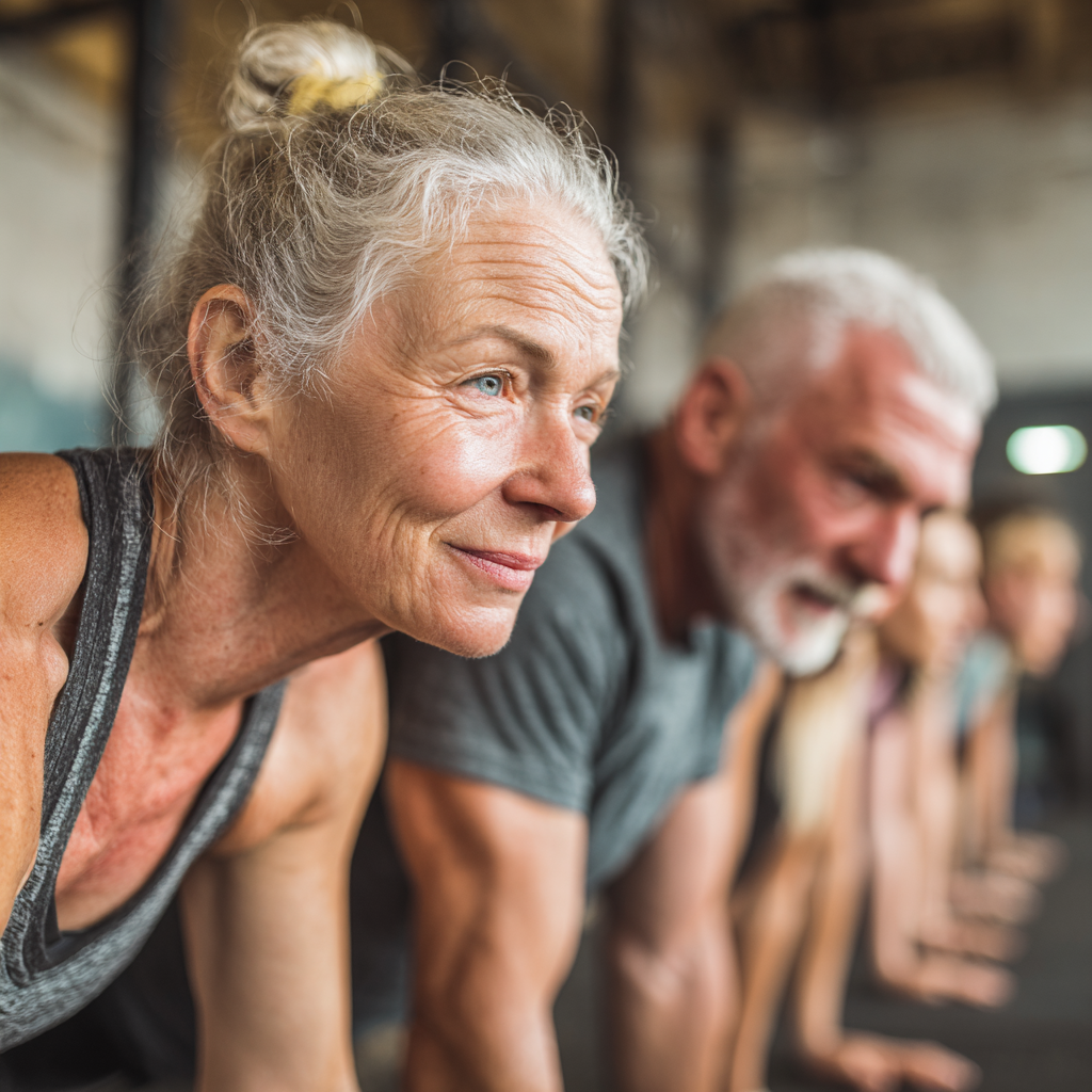 Mature adults practicing functional fitness training together in supportive group environment