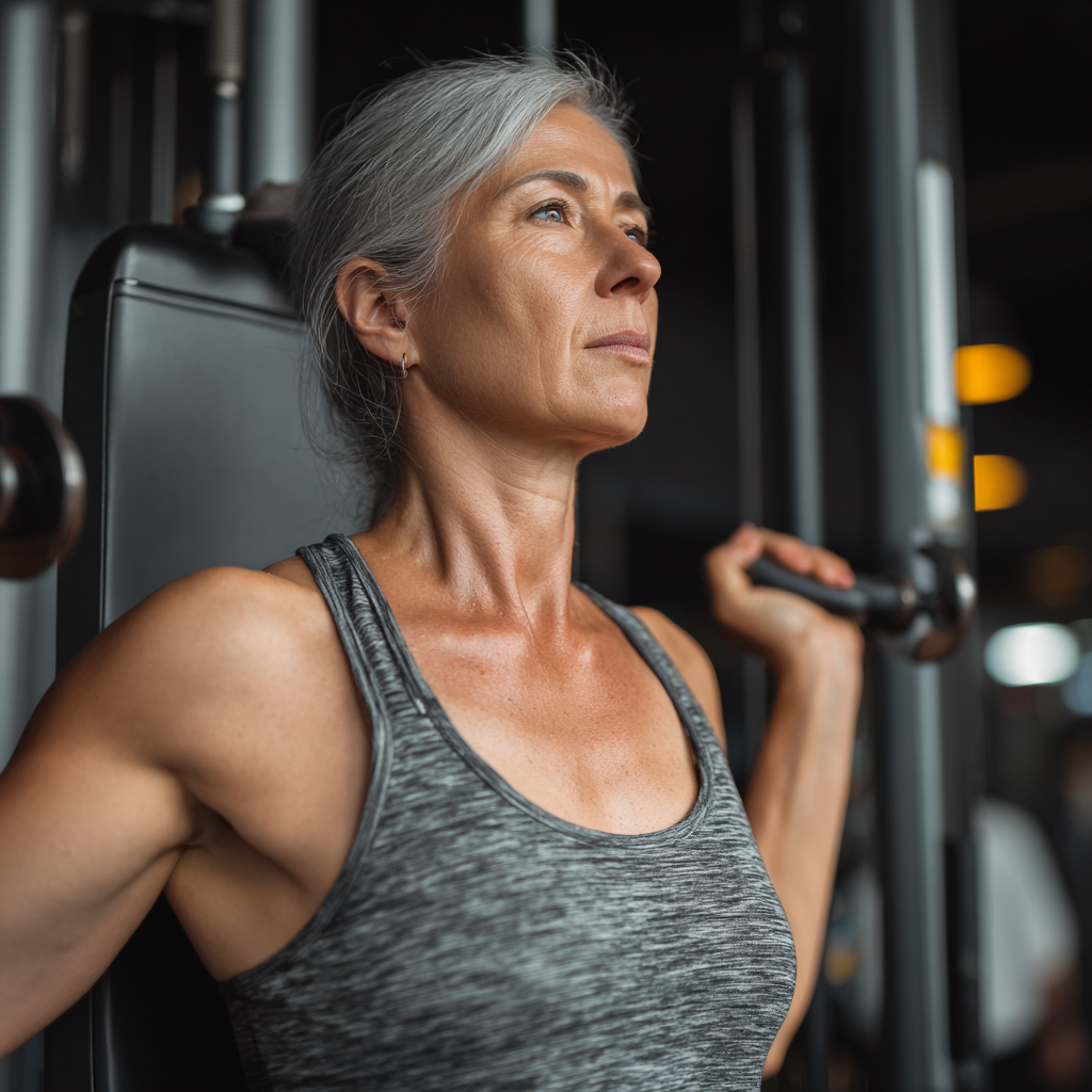 Middle-aged woman doing strength training exercises in modern fitness center