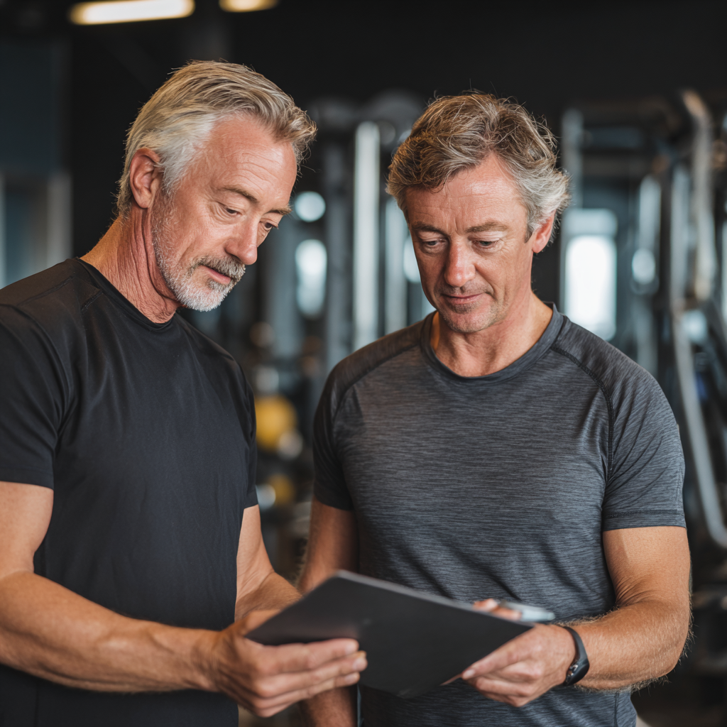 Professional 50 years old fitness trainer consulting with middle-aged client about personalized exercise program